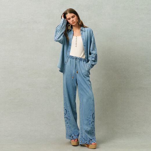 Fabrique washed light blue floral embroidered cotton and linen denim shirt 2026 spring new arrival light blue XS