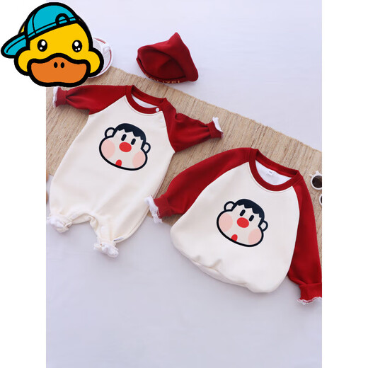 G.duck small month old parent-child wear long-sleeved sweatshirt 2025 autumn and winter family of three whole family wear contrasting color splicing baby mother and daughter wear red patchwork apricot/plus velvet 90 baby romper/with hood