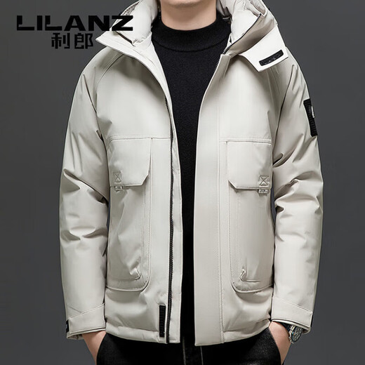 利郎（LILANZ）羽绒服男士2025年冬季白鸭绒保暖连帽冲锋衣休闲夹克外套男款 米白色 M