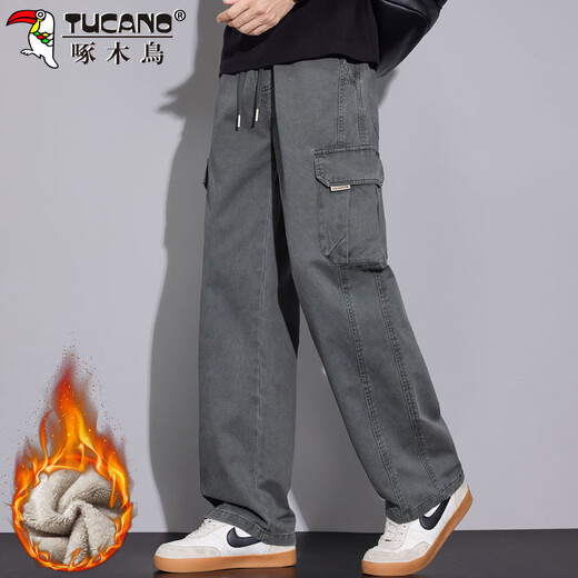 Woodpecker (TUCANO) overalls men's pants men's autumn and winter loose straight wide-leg casual pants men's trendy trousers dark gray plus velvet XL