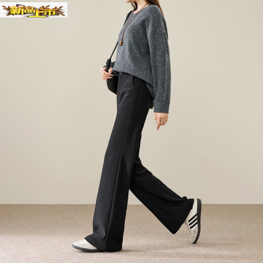 Early diameter winter velvet trousers, black bootcut trousers with splicing and slits, new slimming stretch casual, high waist and drape for small people, black plus velvet - nine-point small person XL 29/recommended 115 Jin Jin equals 0.5 kg -125 Jin Jin equals 0.5 kg