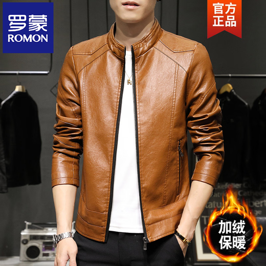 ROMON autumn and winter leather jacket for men 2026 new model stand-up collar plus velvet thickened motorcycle jacket trendy brand casual versatile men's leather jacket 9912 golden plus velvet plus velvet XL