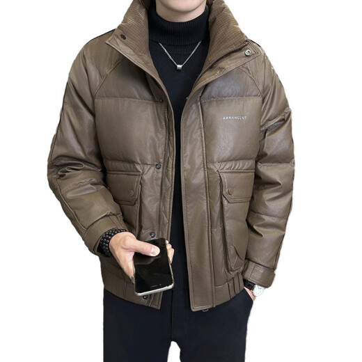 KBXNG Jinba Кожаный пуховик Мужская зимняя короткая модная и красивая куртка из искусственной кожи с воротником-стойкой Утолщенная теплая одноразовая куртка черного цвета M