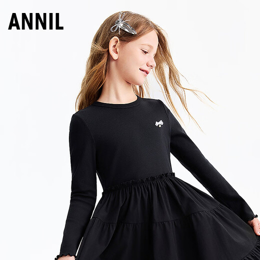 Annil children's clothing girls' long-sleeved dress 2026 spring new style black 110
