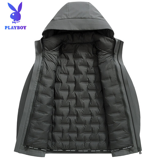 花花公子（PLAYBOY）三合一鹅绒服男士保暖中长款外套脱卸内胆中老年爸爸休闲羽绒服男 MSN9606黑色【可脱卸内胆】 M 170(推荐120斤以内穿)