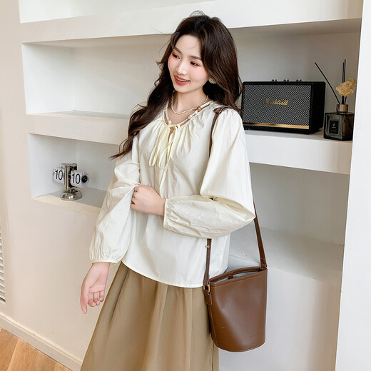 Ives (ITISF4) sweet temperament shirt spring design drawstring round neck versatile loose long-sleeved top apricot S