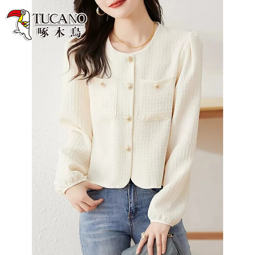 Woodpecker Autumn and Winter Fashionable Versatile Long Sleeve Shirt Women's Solid Color New Small Short Puff Sleeve Top Shirt Apricot-Version S