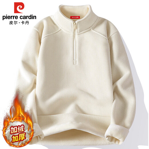 Pierre Cardin half-zip sweatshirt for men in autumn and winter loose half turtleneck long-sleeved T-shirt for men with fleece warm base layer off-white XL