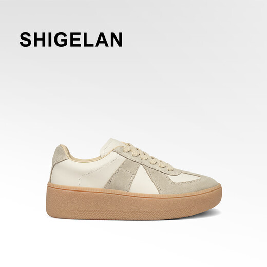 Shilan 2026 new thick-soled height-increasing sneakers, genuine leather stitching, lace-up, versatile casual shoes, fashionable and comfortable women's shoes, off-white 34