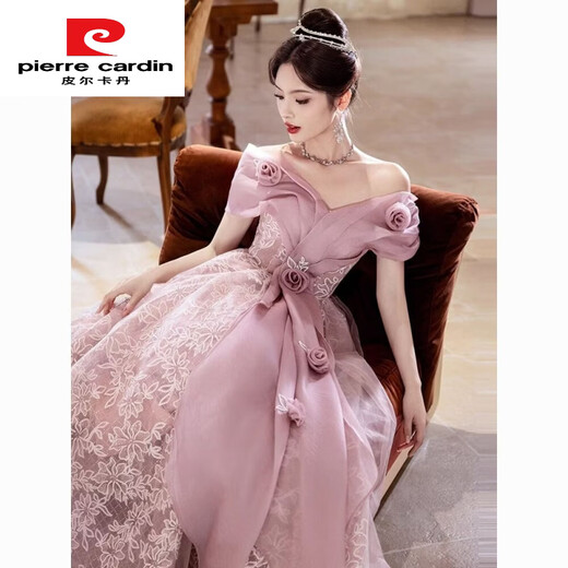Pierre Cardin pink evening dress for women 2025 new style light luxury niche high-end adult ceremony skirt annual meeting host pink M