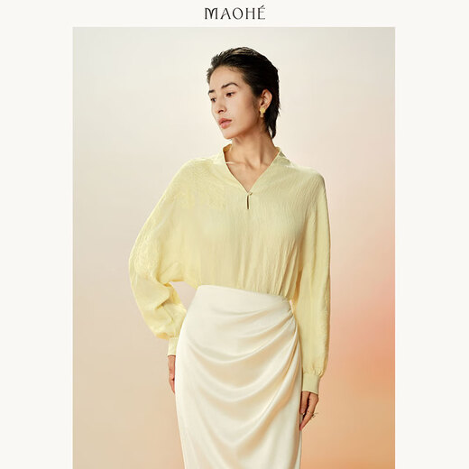 Maohe hollow embroidered V-neck top 2026 spring new style temperament shirt 26MH61102 Gardenia Yellow S