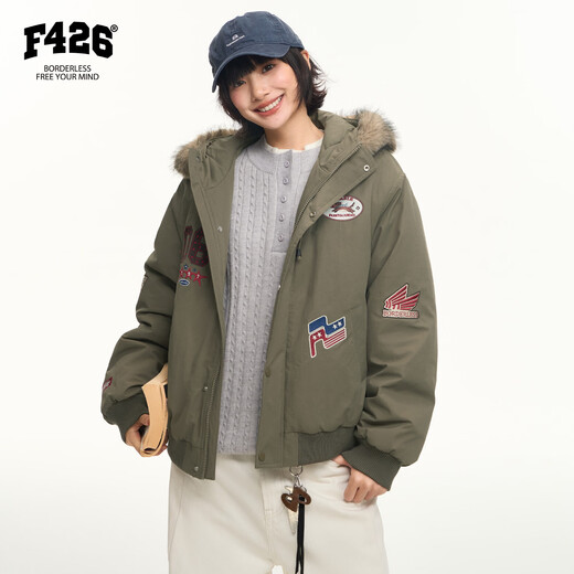 F426 Zhao Lusi's same style winter new American retro hooded fur collar parka cotton jacket military green S