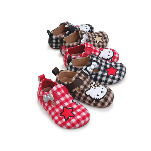 Hello Kitty children's shoes girls leather shoes girls children's fashion Birkenstock shoes princess plaid shoes 7100 black 24