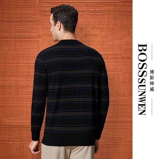 Bosssunwen 100% sheep wool recommended for spring business casual skin-friendly soft contrast striped round neck men's wool sweater black M