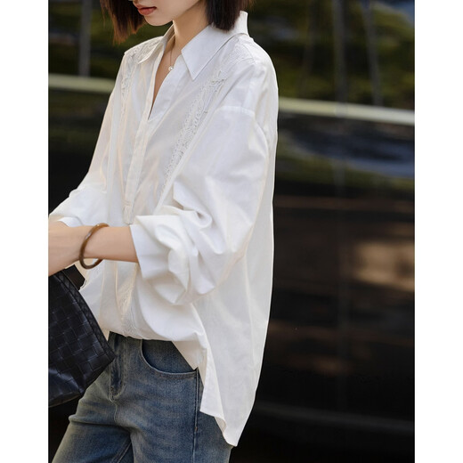 Demana 100 pure cotton spring cool and smart V-shaped lapel outer shirt lace decorated women's shirt