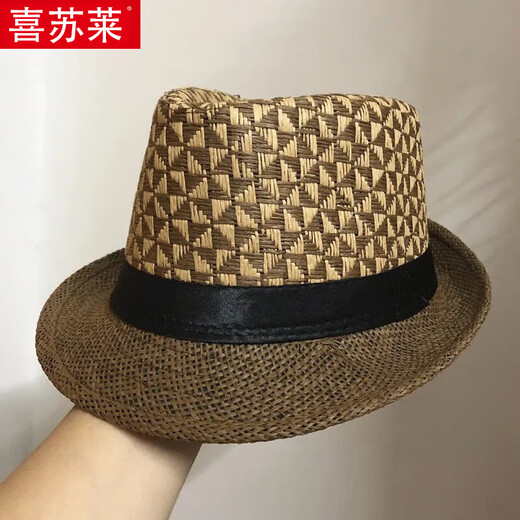 Xisu Lai various fashion retro plaid houndstooth unisex versatile linen contrast jazz straw hat sunshade hat coffee adult 58 head circumference