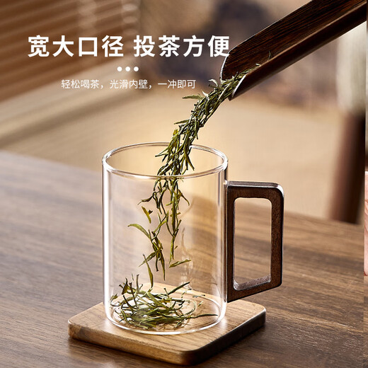 Green apple glass set household high temperature resistant drinking cup household green tea cup with handle hospitality cup office transparent wooden handle cup 300mlx6