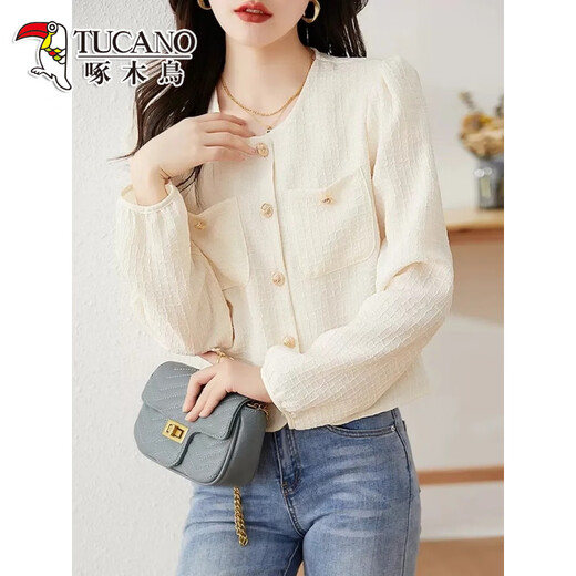 Woodpecker Autumn and Winter Fashionable Versatile Long Sleeve Shirt Women's Solid Color New Small Short Puff Sleeve Top Shirt Apricot-Version S