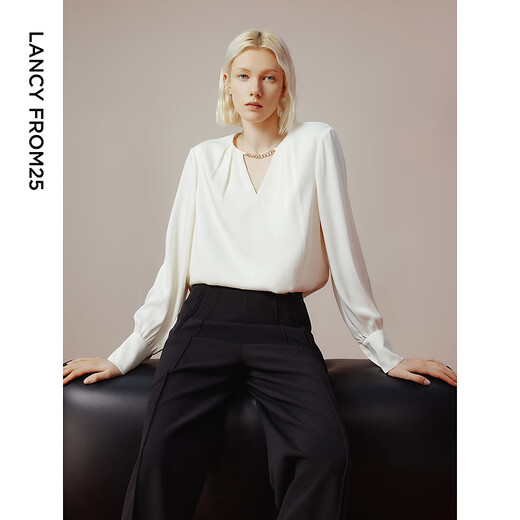 Langzi v-neck long-sleeved top women's shirt temperament commuting high-end spring French fashion shirt