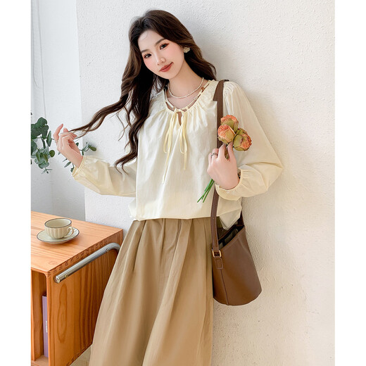 Ives (ITISF4) sweet temperament shirt spring design drawstring round neck versatile loose long-sleeved top apricot S