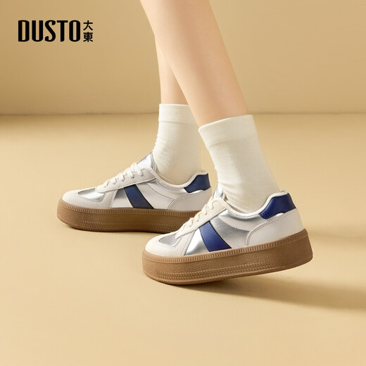 Dusto moral training shoes autumn women's shoes new flat mid-heel lace-up round toe collage 003122 silver plus velvet 38