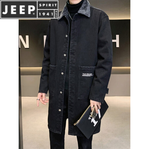 JEEP SPIRIT风衣男中长款冬季加厚加绒潮流宽松大码羊羔毛翻领牛仔大衣外套男 黑色 M