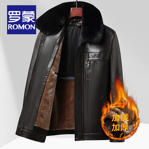 ROMON middle-aged and elderly men's imitation leather jacket with velvet and thickened dad winter coat with removable liner to prevent cold and warm leather jacket brown (removable liner) (removable fur collar) XL /180
