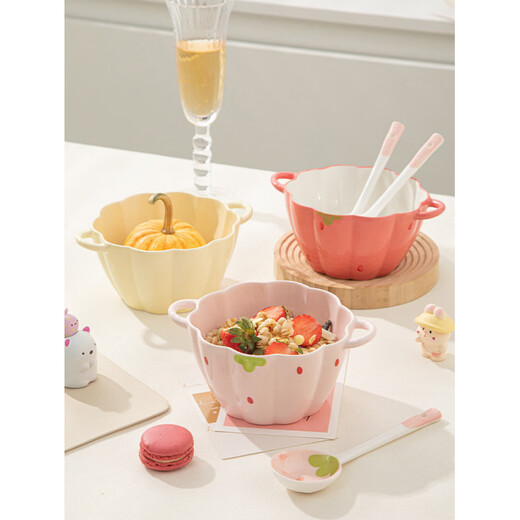Tuojin Strawberry Cute Double-Eared Instant Noodle Bowl Children's Personal Ceramic Soup Bowl Fruit Princess Rice Bowl Pumpkin Bowl Pink 6.5-inch Double-Eared Bowl
