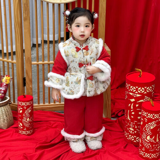 Wooden house Hanfu girls winter suit New Year's greetings clothes children's New Year clothes baby girl plus velvet thickened Tang suit festive two-piece set red + bag 100 suitable for height 90-100cm age 3-4 years old
