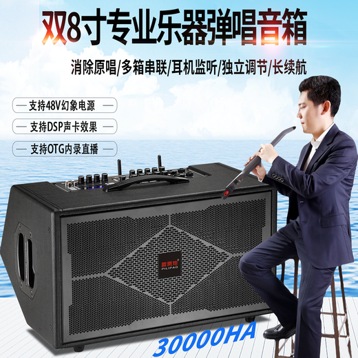 Thunderbolt's new dual T8-inch professional sound card audio roadshow high-power mobile outdoor karaoke electric blowpipe saxophone acoustic guitar playing and singing live audio dual 8-inch playing and singing box + rechargeable wireless microphone + pulley bag + stand