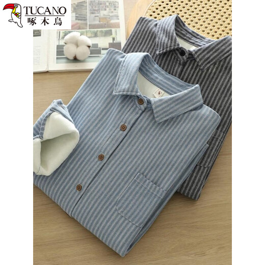 Woodpecker velvet thickened striped shirt for women 2025 autumn and winter new loose and versatile simple all-in-one velvet warm shirt blue striped plus velvet winter plus velvet S 80-110Jin Jin equals 0.5 kg