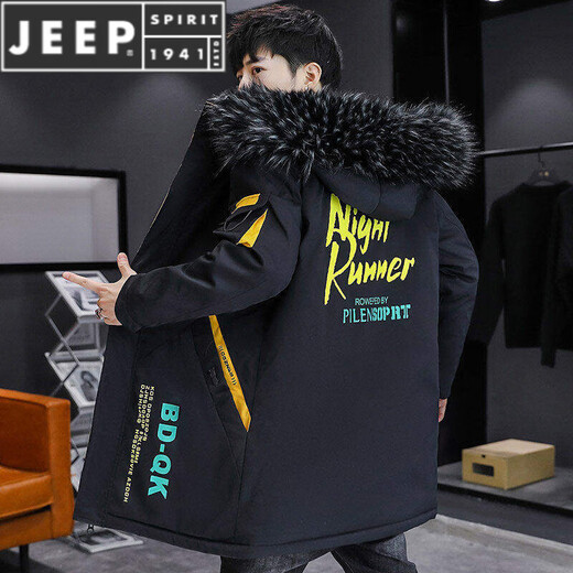 JEEP SPIRIT velvet thickened windbreaker men's winter parka mid-length jacket cotton coat cool and handsome jacket black red 1905 with fur collar M 80-100Jin Jin equals about 0.5 kg