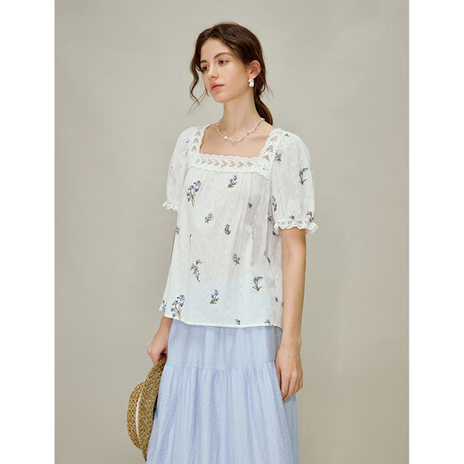 INMAN French floral lace stitching square neck babydoll 2026 spring women's new embroidered top salt white S