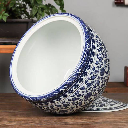 Jingyan blue and white ceramic storage jar rice wine lard salt noodles flour sealed moisture-proof grain jar with lid for pickling 18Jin Jin is equal to 0.5kg round twig lotus (height 25 width 33) comes with sealing ring