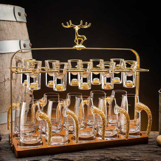 Light luxury crystal glass white wine glass set for home use Chinese-style one-cup small wine glass two-quarter wine set transparent handleless 10 pots 10 cups + golden deer cup holder