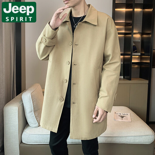 JEEP SPIRIT mid-length windbreaker jacket for men spring and autumn 2026 new lapel casual lapel jacket for men black jacket 2XL (185) weight 140-156Jin Jin is equal to 0.5 kg