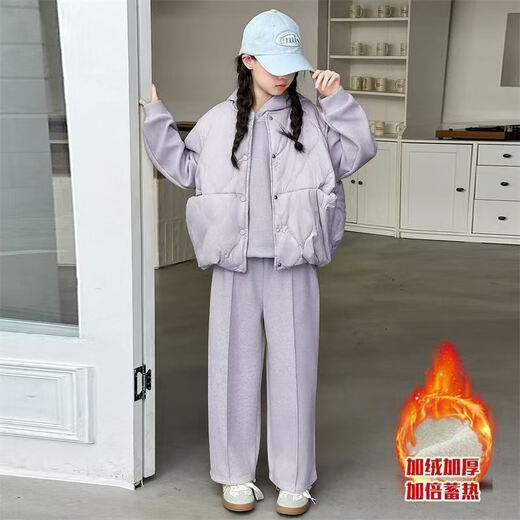 New product 2025 plus velvet and thickening for middle and large children and girls solid color western style internet celebrity Korean style loose vest and sweatshirt three-piece set wide-legged purple three-piece - vest-sweatshirt-pants 110 #