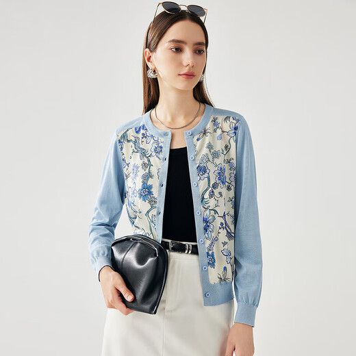 Zhaojun Spring and Summer Mulberry Silk Chinese Style Printed Sweater Women's Round Neck Long Sleeve Cardigan Thin Top Xinghai Blue L
