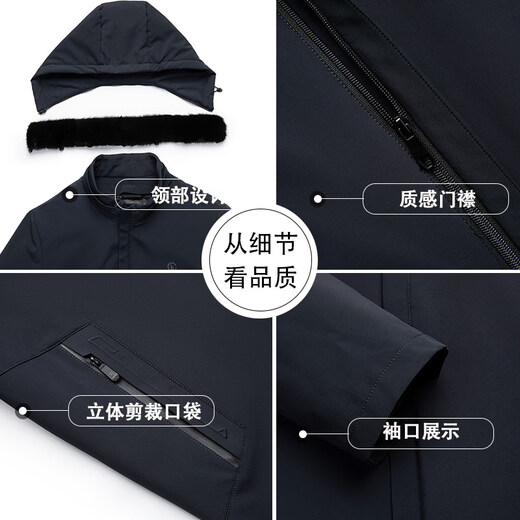KBXNG劲霸【拆卸连帽水貂毛领+鹅绒内胆】中老年爸爸羽绒服男保暖夹克 藏青色 L 175