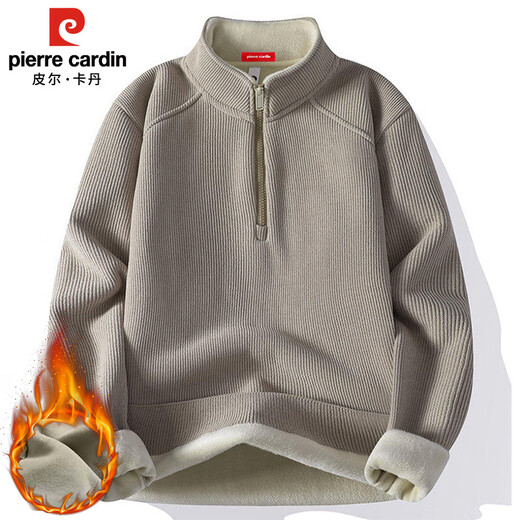 Pierre Cardin half-zip sweatshirt for men in autumn and winter loose half turtleneck long-sleeved T-shirt for men with fleece warm base layer off-white XL