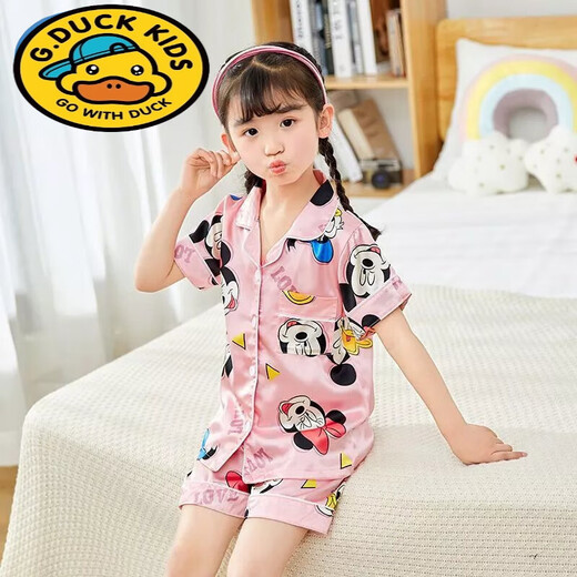 G.duck夏季短袖儿童睡衣冰丝薄款夏天男童真丝小女孩宝宝卡通家居服套装 681女童 170 18码建议身高142-150cm
