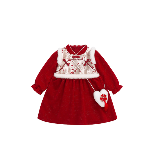 G.duck Little Yellow Duck New Year's Greetings Girls Dress Autumn and Winter Plus Velvet Children's Chinese New Year Hanfu Skirt Chinese Style Winter Princess Dress Red Free Pack 120 Recommended 110-120cm5-6 years old