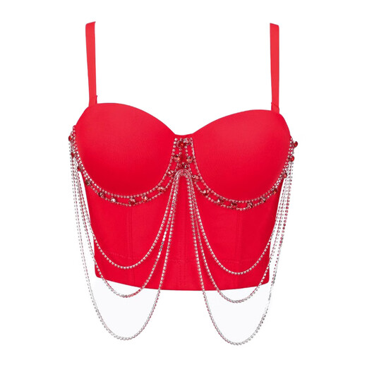 Lu Qiuguo sexy suspender chain rhinestone bra integrated outer wear suspender new high-end top for women black M 38C/