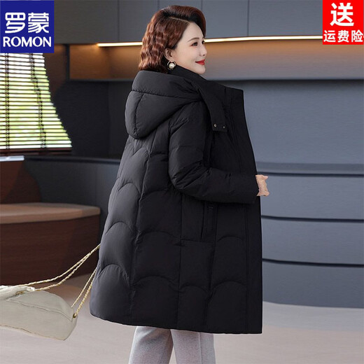 ROMON Mom's medium-length down jacket white duck down thickened warm loose belly-covering winter fashionable cold-proof jacket for middle-aged and elderly people black loose and warm 3XL recommended 125-140 Jin Jin is equal to 0.5 kg