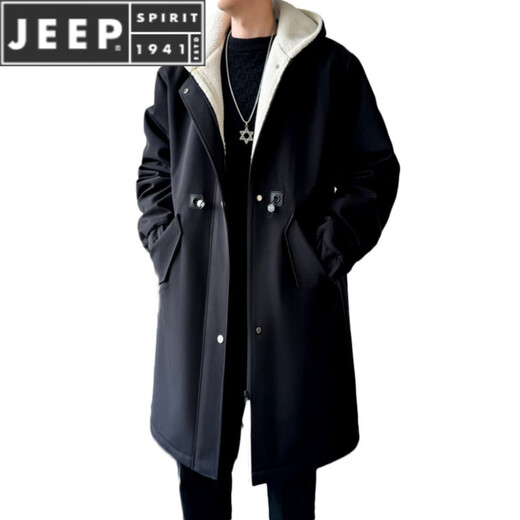JEEP SPIRIT风衣外套男款士冬秋冬季加绒加厚羊羔毛绒棉衣棉服中长款派克大衣 黑色 常规 M 宽松版型