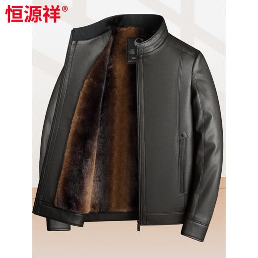 Hengyuanxiang middle-aged and elderly thickened velvet men's leather jacket with stand collar middle-aged warm leather jacket dad's jacket jacket black L recommended 110-125 Jin Jin equals 0.5 kg