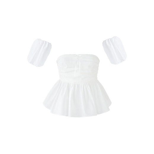 LA LUNE DU CIEL French white tube top with flower buds, waisted short-sleeved top for women, summer simple and elegant shirt, size S