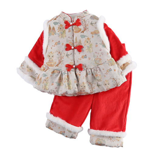 Wooden house Hanfu girls winter suit New Year's greetings clothes children's New Year clothes baby girl plus velvet thickened Tang suit festive two-piece set red + bag 100 suitable for height 90-100cm age 3-4 years old