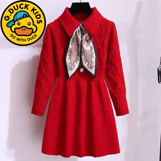 G.duck Little Yellow Duck Girls Dress Autumn and Winter Korean Style Children's Knitted New Year's Long Sleeve Sweater Skirt Children's Clothing Apricot 130 Recommended 120-130cm7-8 years old