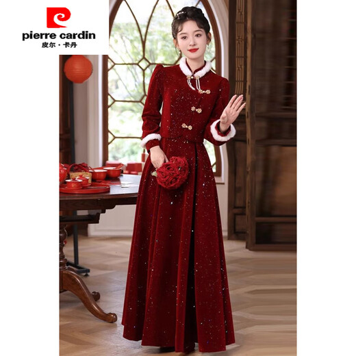 Pierre Cardin New Chinese Toast Wear 2025 New Bride Autumn and Winter Wedding Red Engagement Dress Skirt Women's Winter Velvet Cheongsam Burgundy Winter Style L Recommended 105-115 Jin Jin equals 0.5 kg